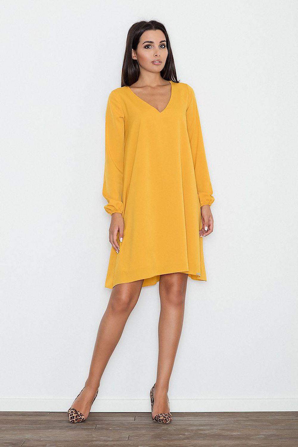 Yellow V-neck daydress with loose fit and 3/4 puff sleeves, above-knee hem
