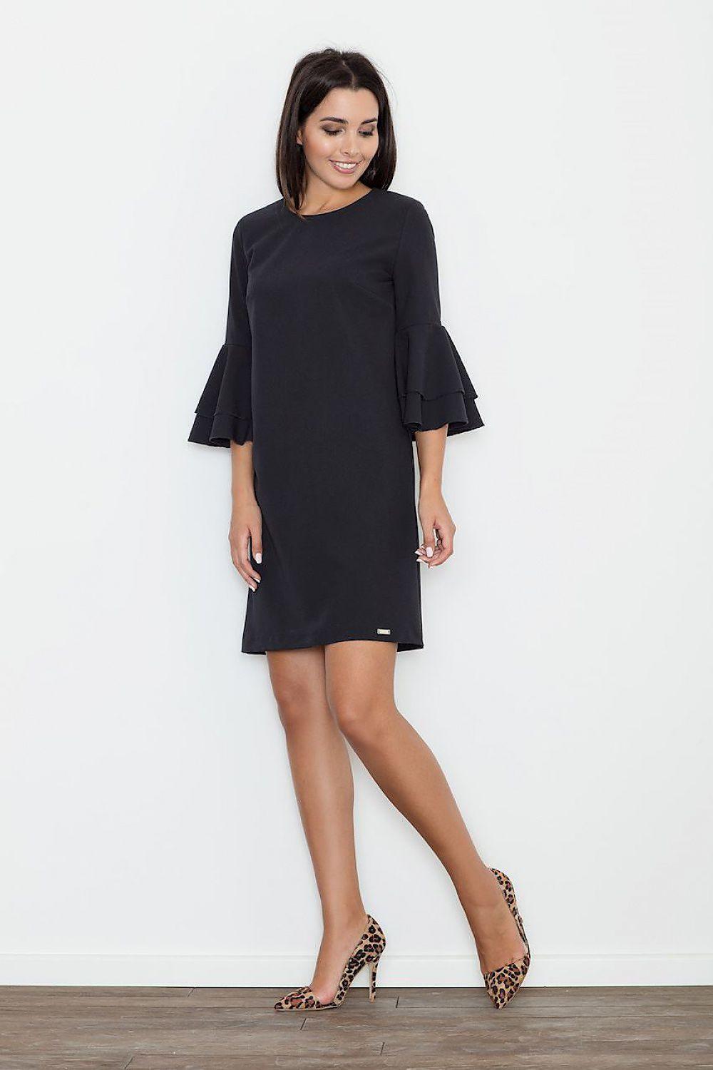 Black daydress with round neckline, flared bell sleeves, above-knee length
