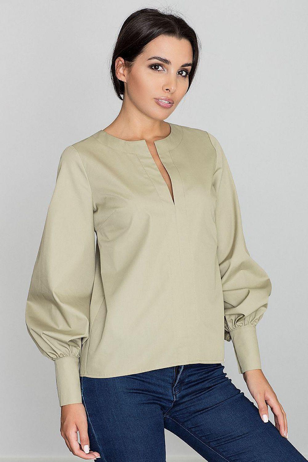 Light green blouse with V-neck and long puff sleeves, elastic cuffs