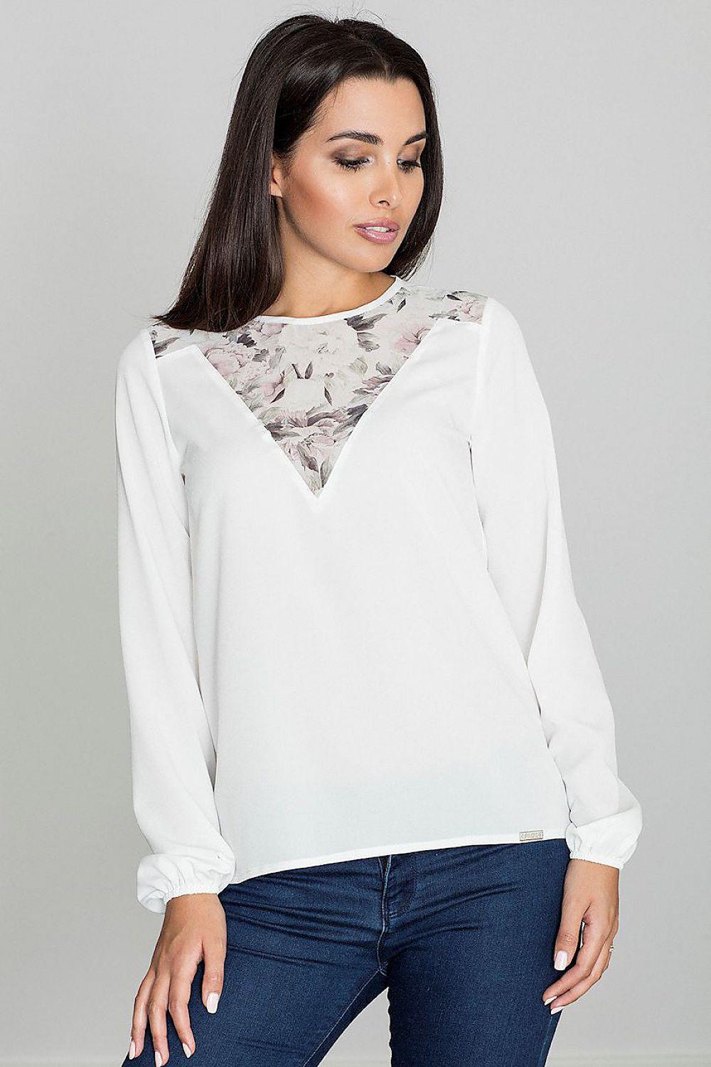 White blouse with V-neck and floral print yoke, long sleeves with elastic cuffs