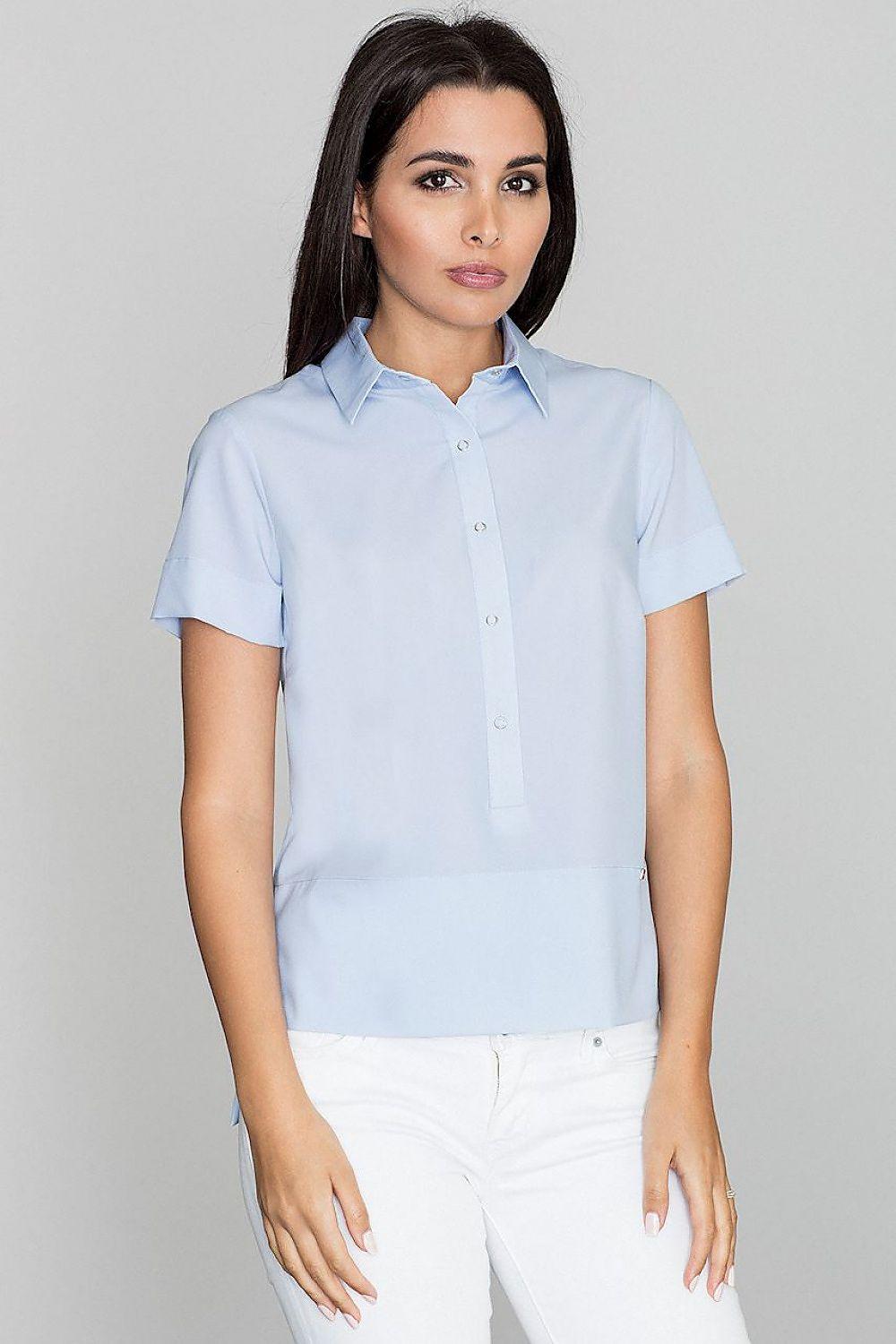 Light blue short-sleeve collared blouse with button-front placket