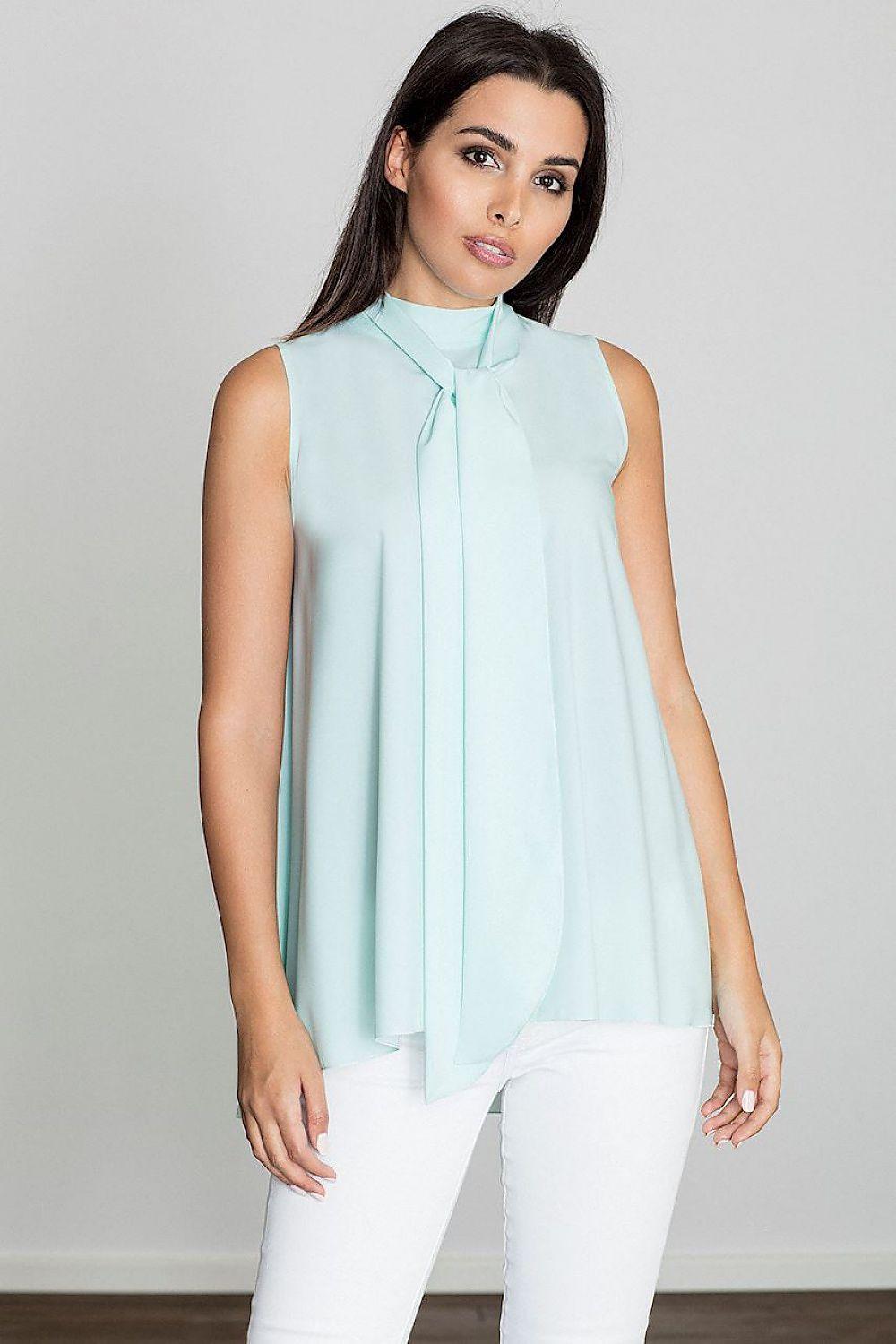 Sleeveless light blue blouse with tie-neck and asymmetric hem