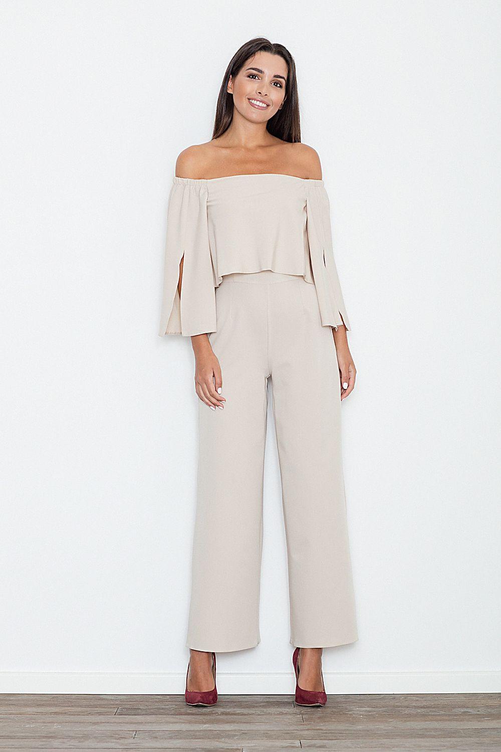 Figl 77058 off-shoulder beige jumpsuit with wide-leg pants