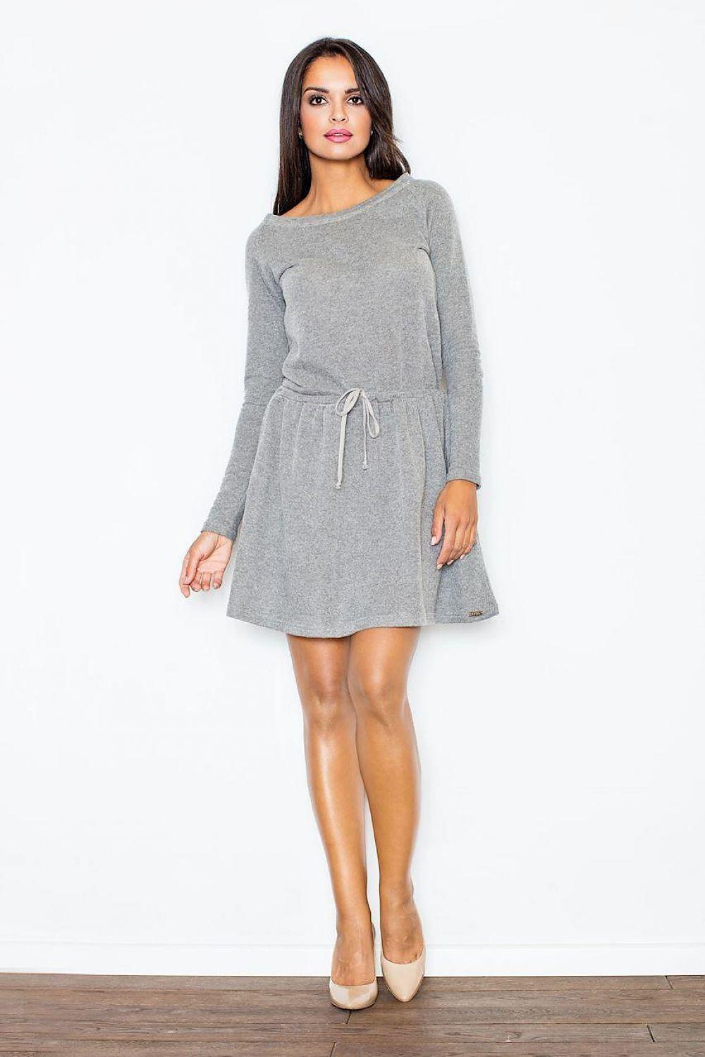 Grey long-sleeve daydress with drawstring waist and gathered skirt