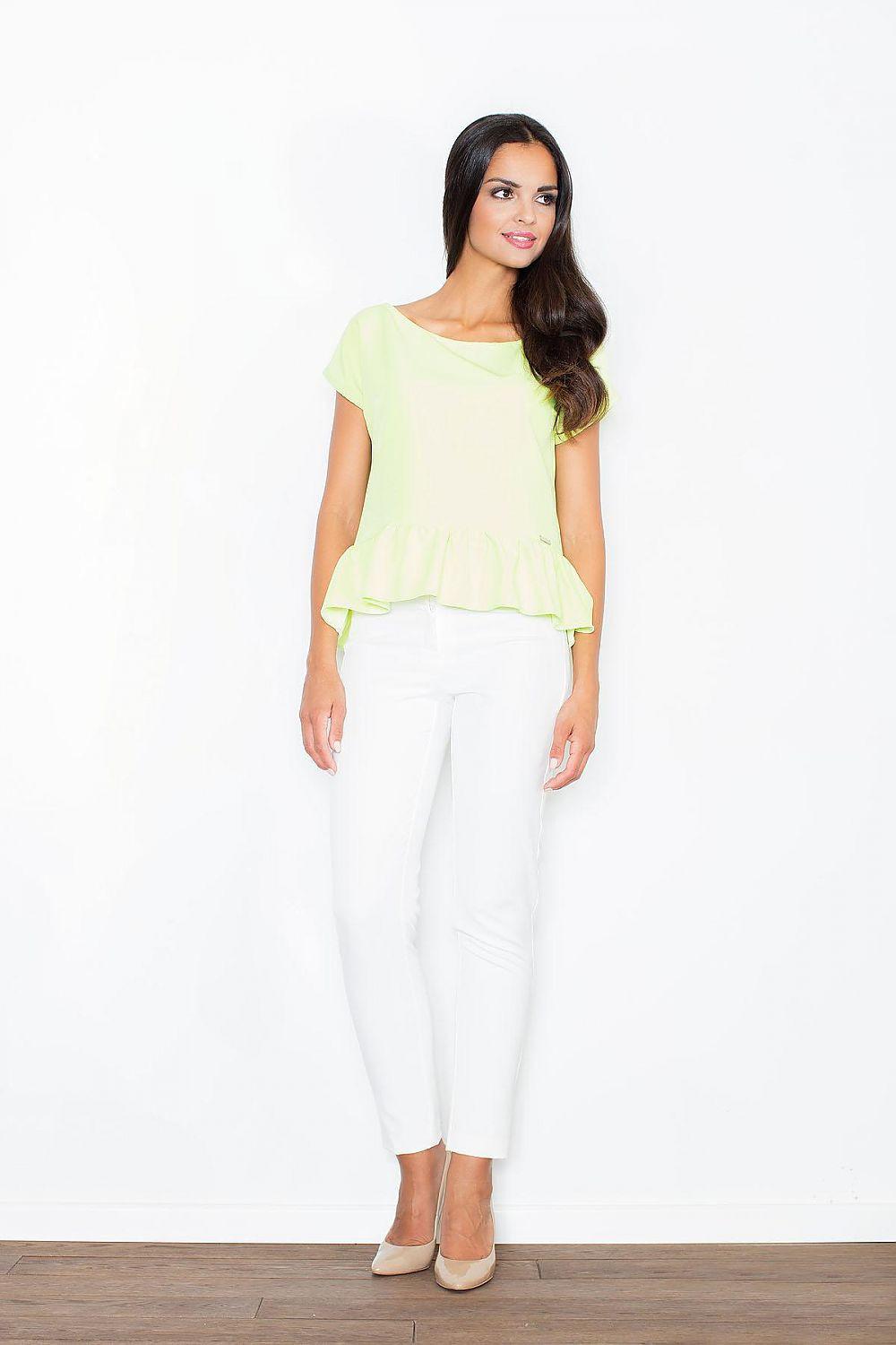 Figl green blouse with ruffled hem and short sleeves