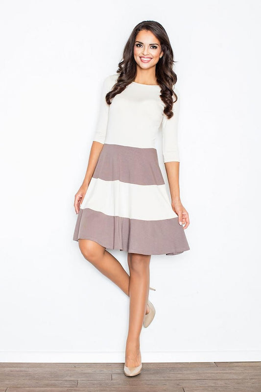 Striped daydress with 3/4 sleeves, white and taupe tiers, flared hem