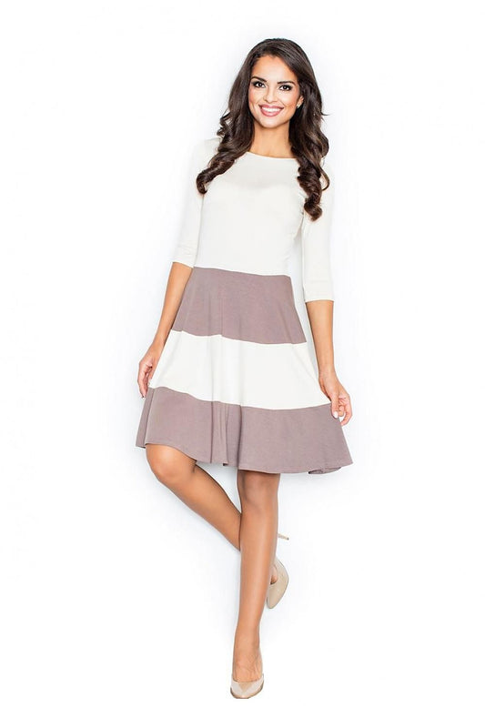 Striped daydress with 3/4 sleeves, white and taupe panel skirt, above-knee