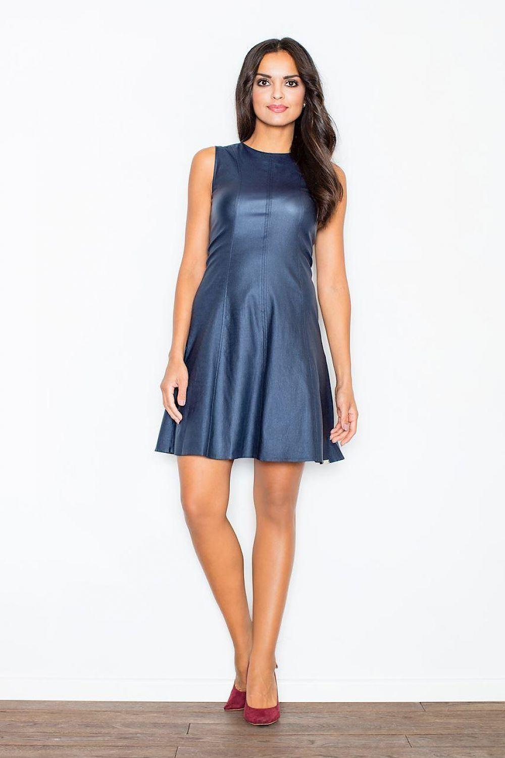 Sleeveless evening dress, blue, fitted waist to flared skirt
