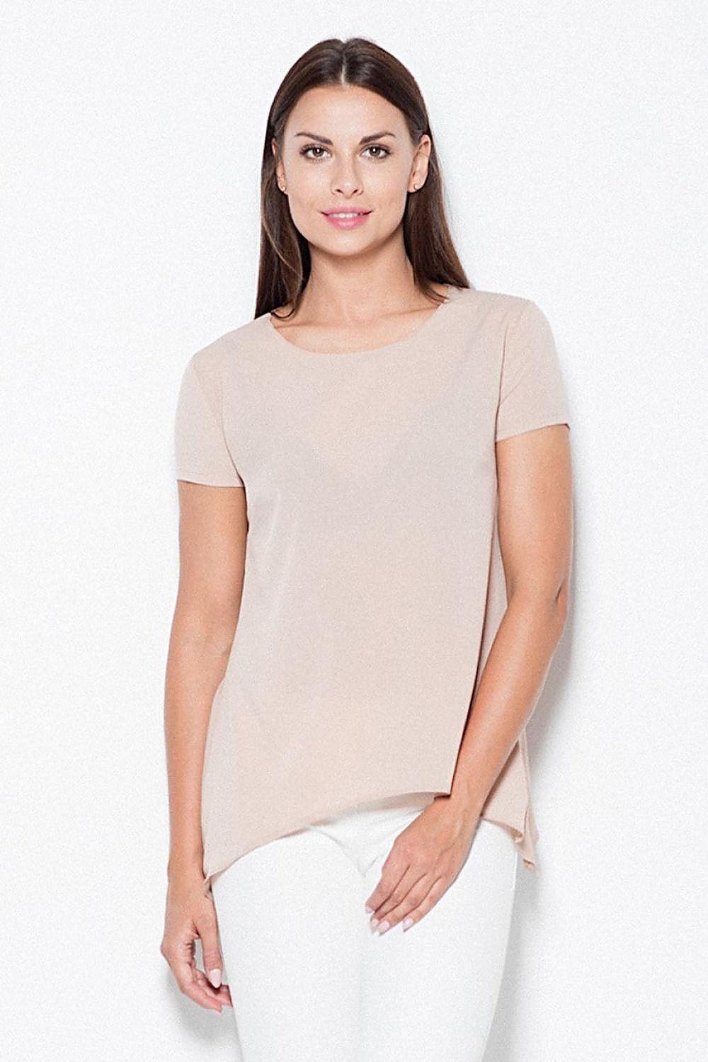 Beige crew-neck short-sleeve blouse with curved high-low hem