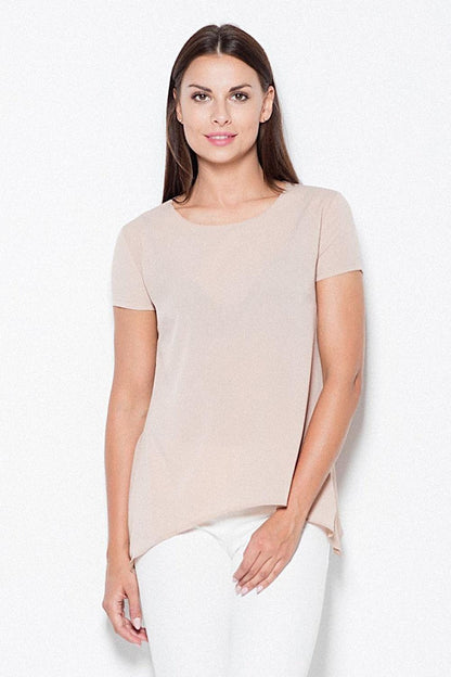 Beige crew-neck short-sleeve blouse with curved high-low hem