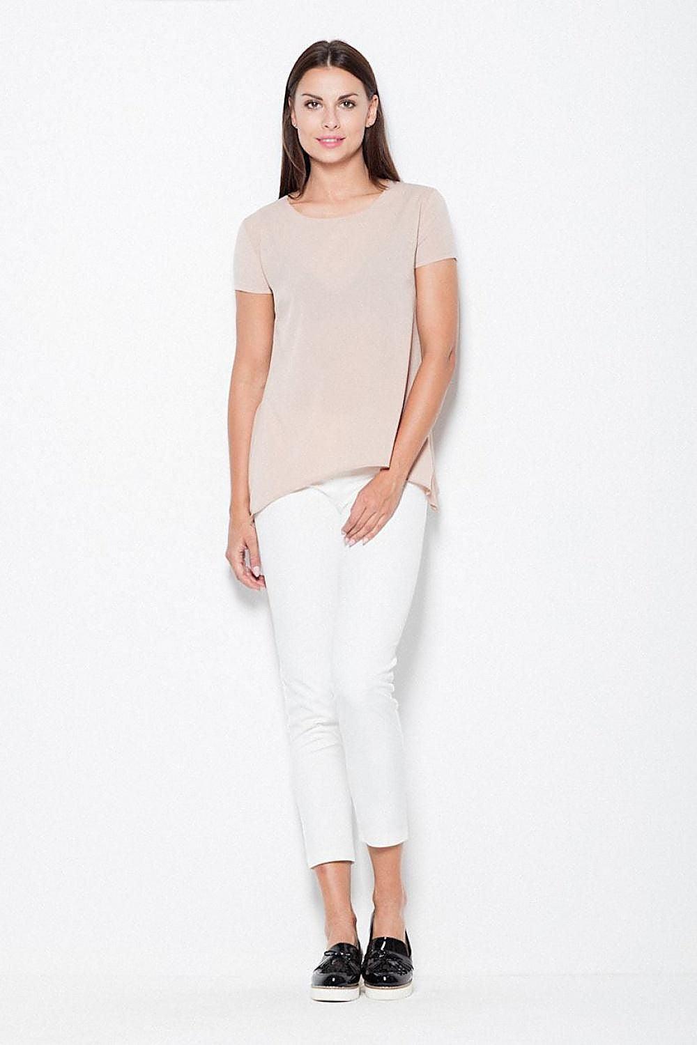Beige crew-neck short-sleeve blouse with curved high-low hem
