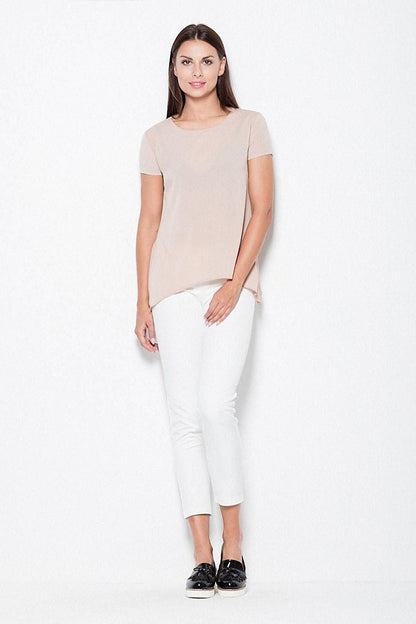 Beige crew-neck short-sleeve blouse with curved high-low hem