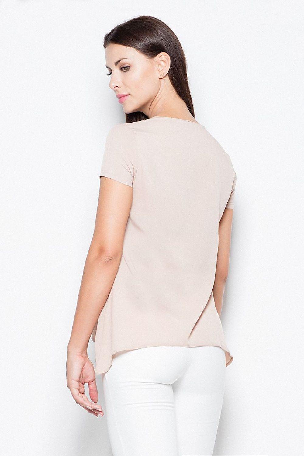 Beige back-view crew-neck short-sleeve blouse with curved high-low hem