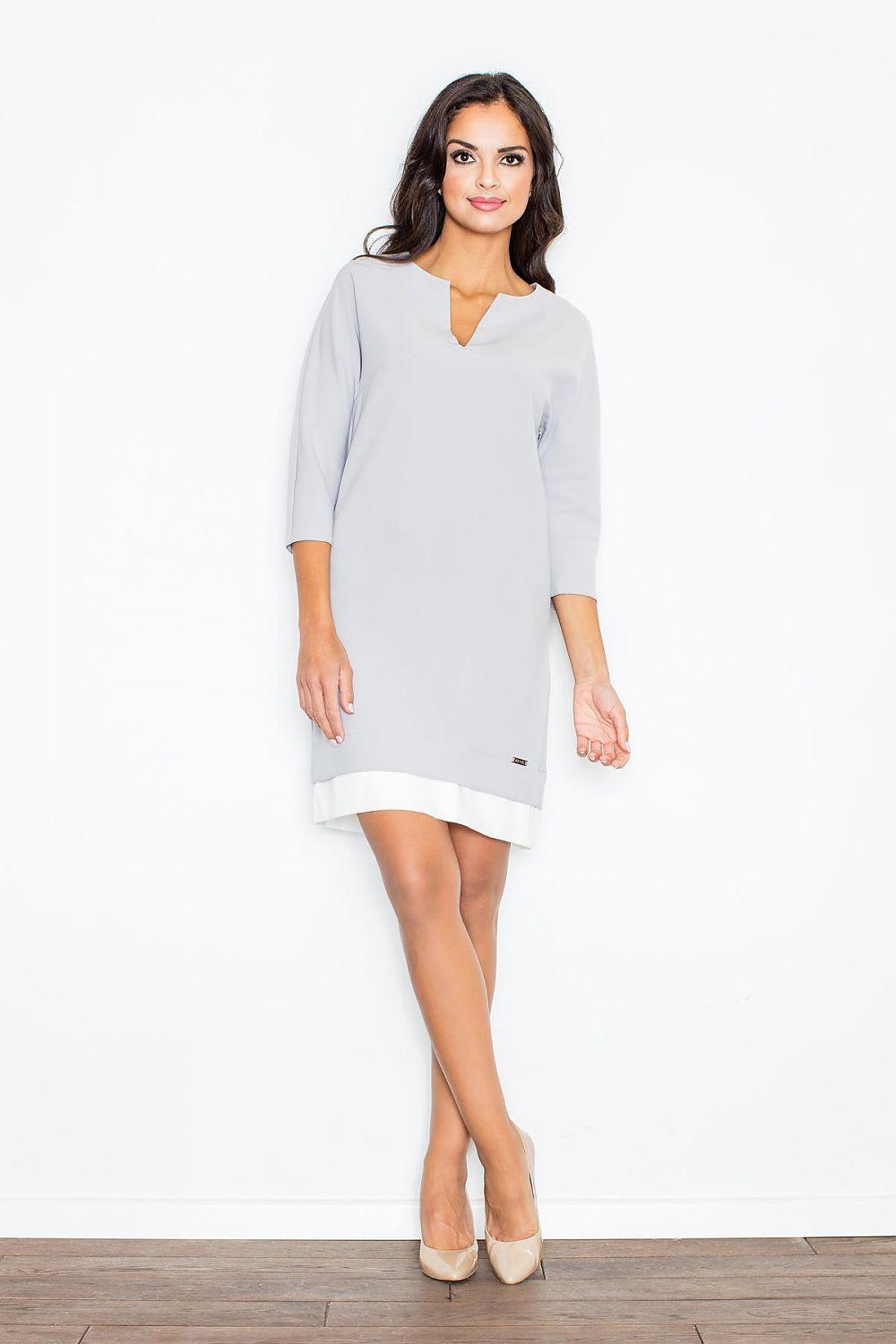 Grey V-neck daydress with 3/4 sleeves, straight hem and white contrast band
