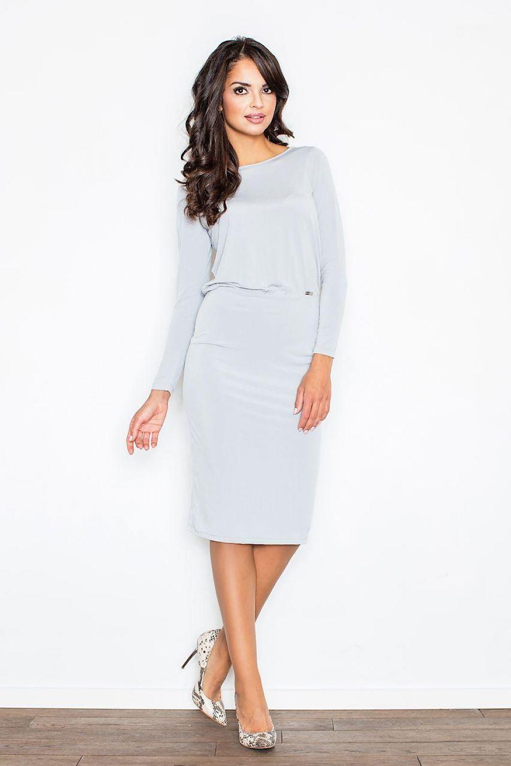 Grey daydress with boat neckline, 3/4 sleeves, knee length, fitted waist