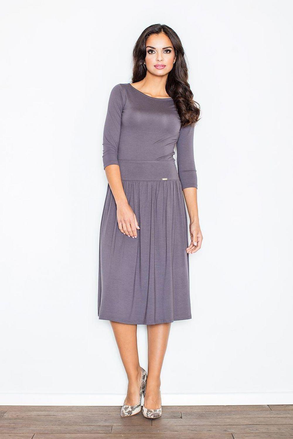 Grey viscose knit two-piece set, fitted long-sleeve top and midi skirt