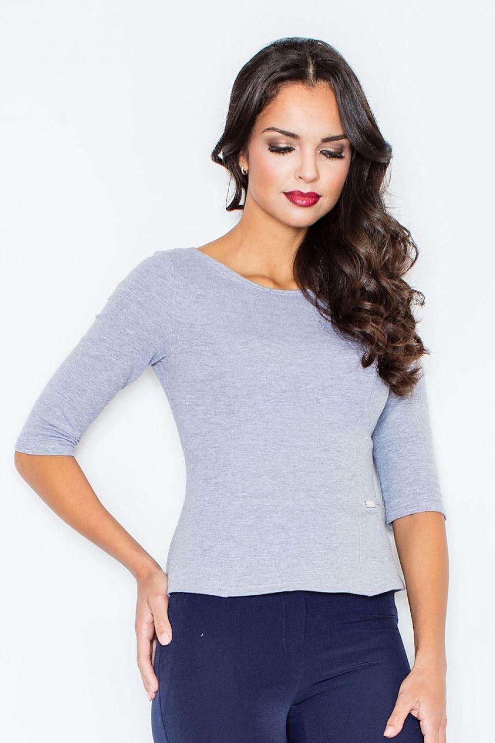 Grey fitted 3/4 sleeve cotton-blend blouse with round neck