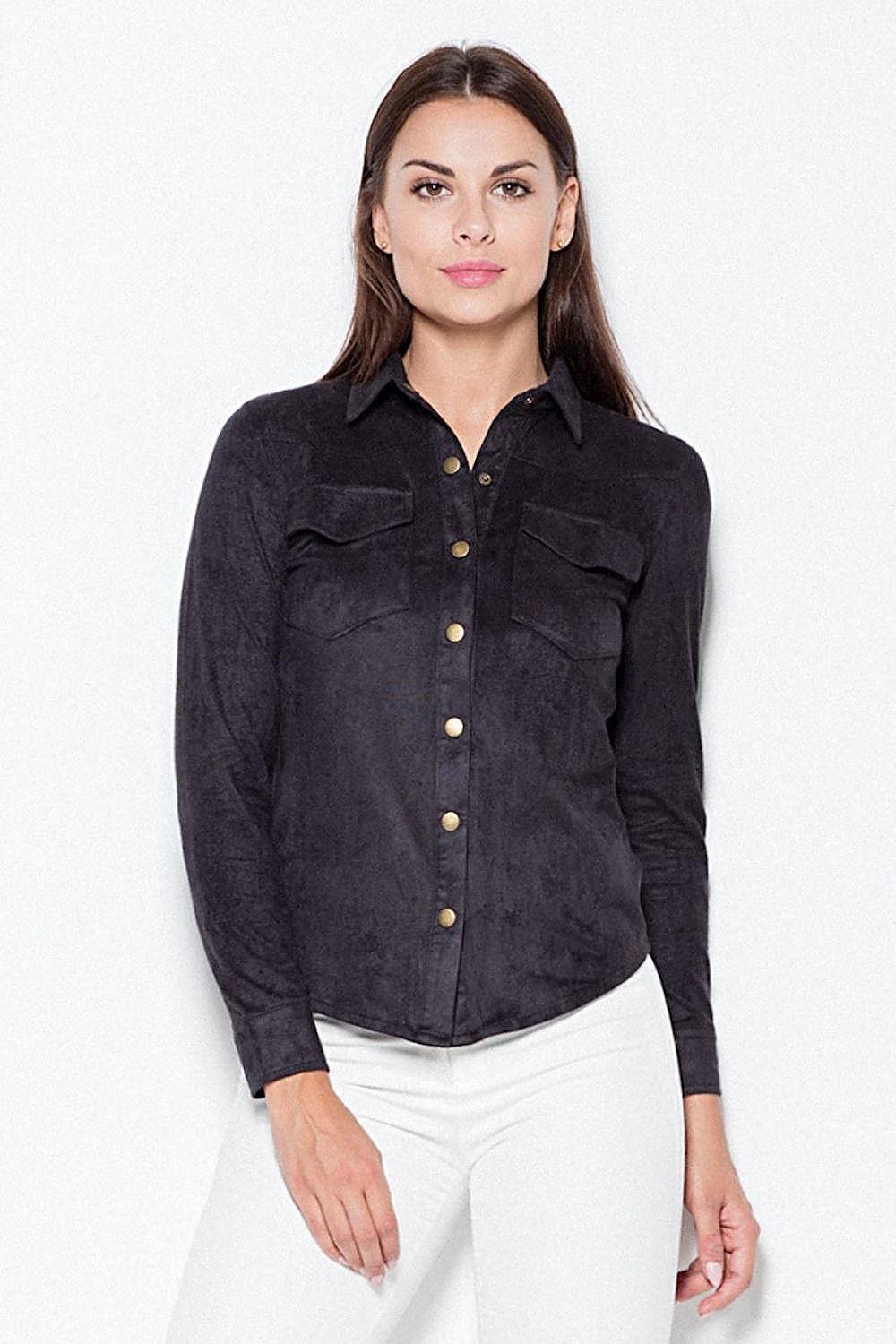 Black suede long-sleeve shirt with gold-tone metal buttons and chest flap pockets