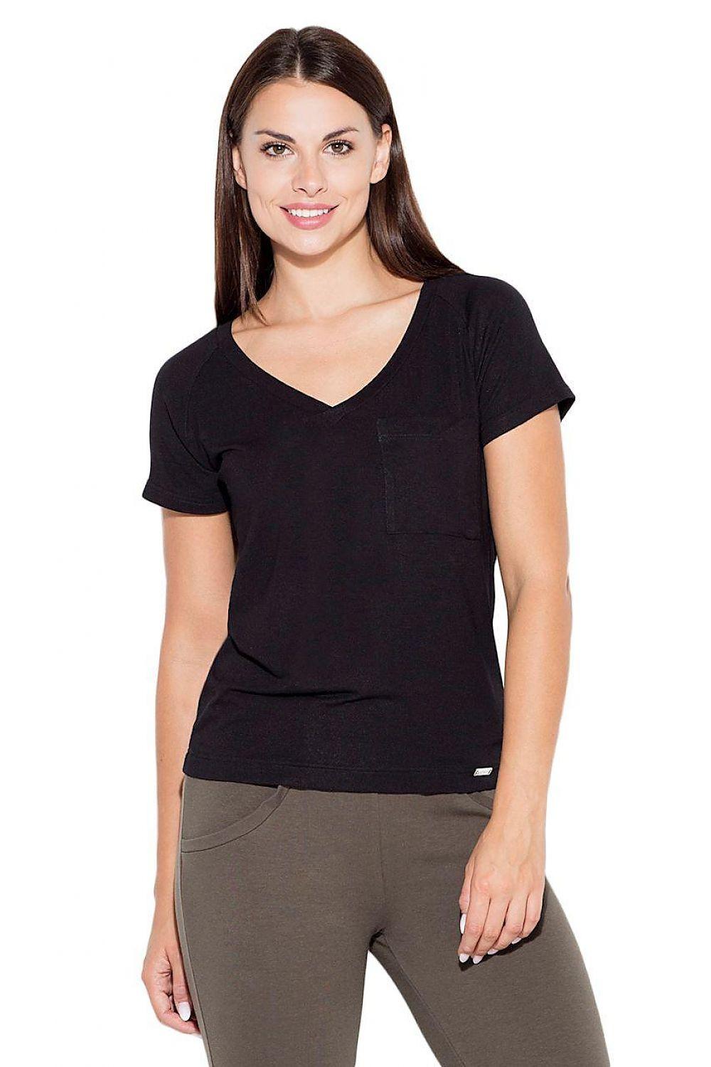Black viscose blouse with heart V-neck and short sleeves