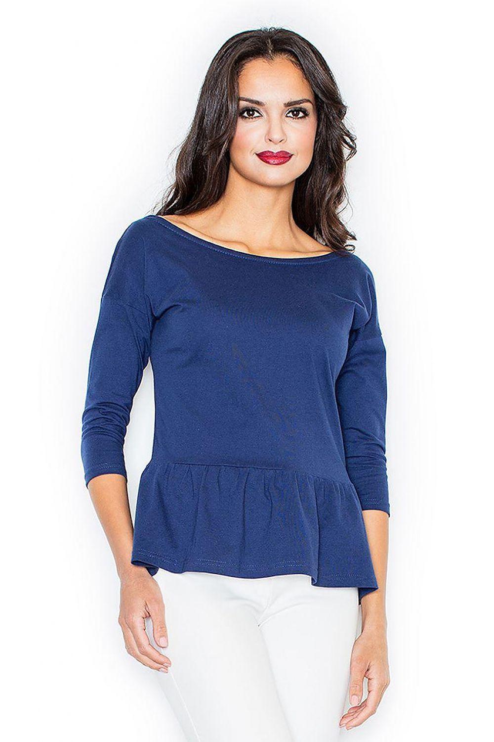 Blue peplum blouse with 3/4 sleeves, rounded neckline, gathered waist hem