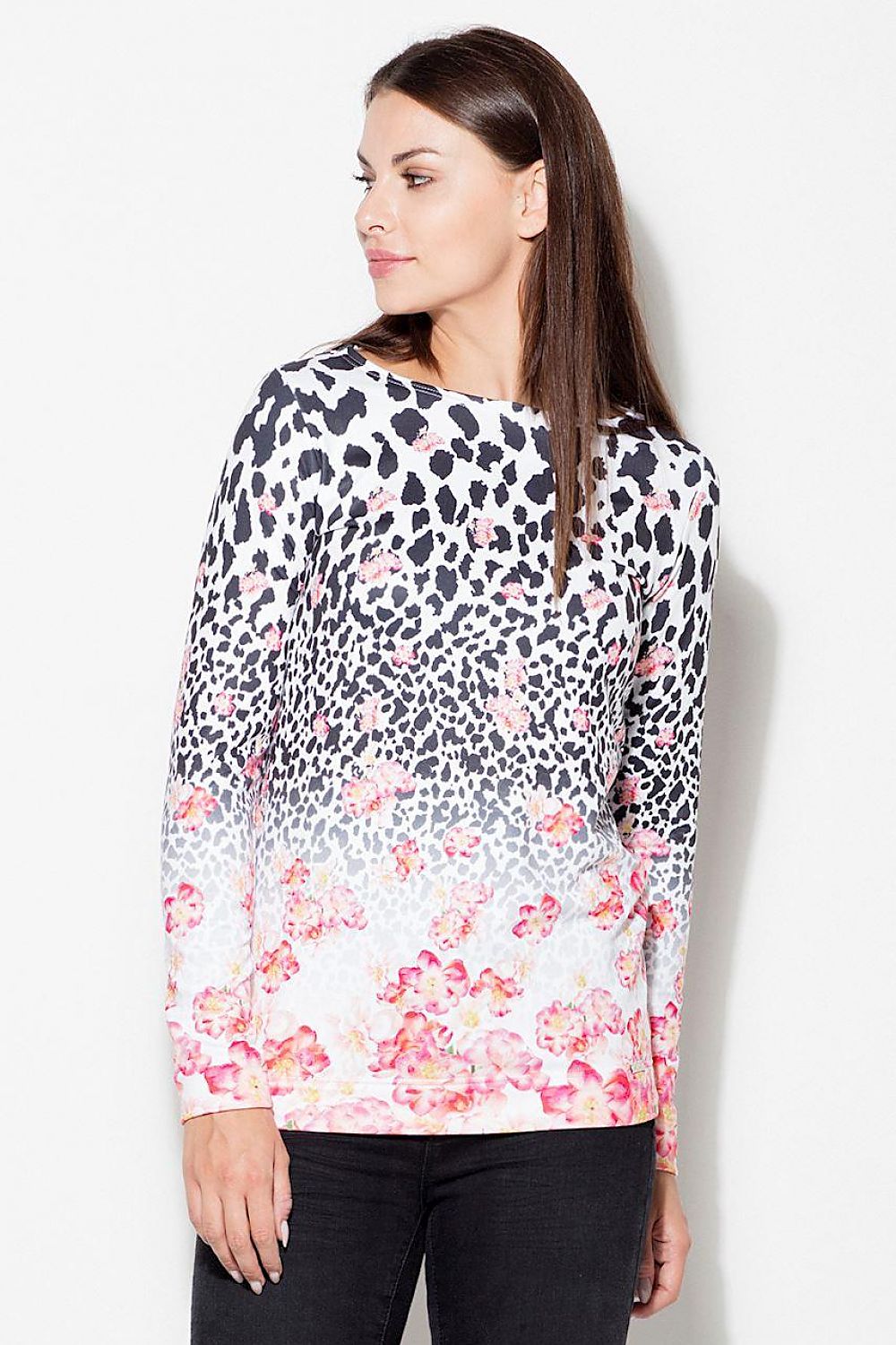 Long-sleeve knit blouse with animal spots, pink floral band, round neckline