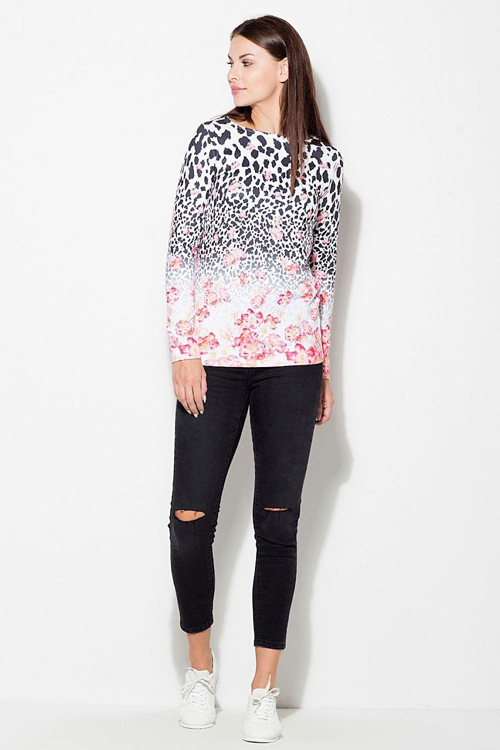 Long-sleeve knit blouse with animal print and pink floral bottom, round neckline