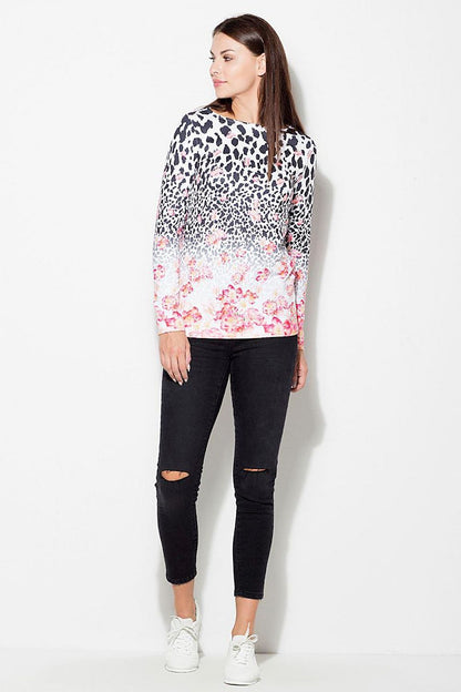 Long-sleeve knit blouse with animal print and pink floral bottom, round neckline