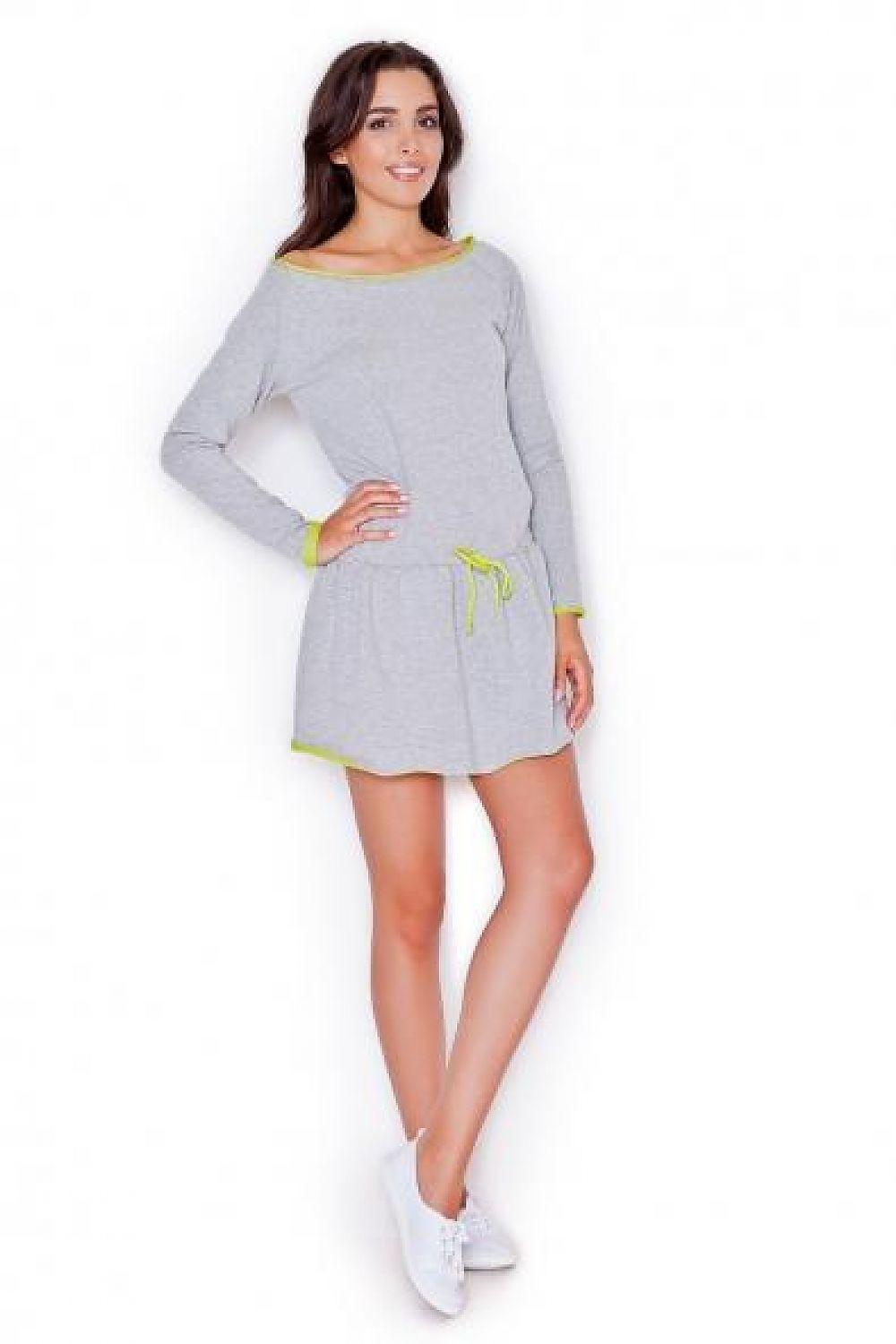 Katrus daydress, light gray long-sleeve above-knee with green trim and waist tie