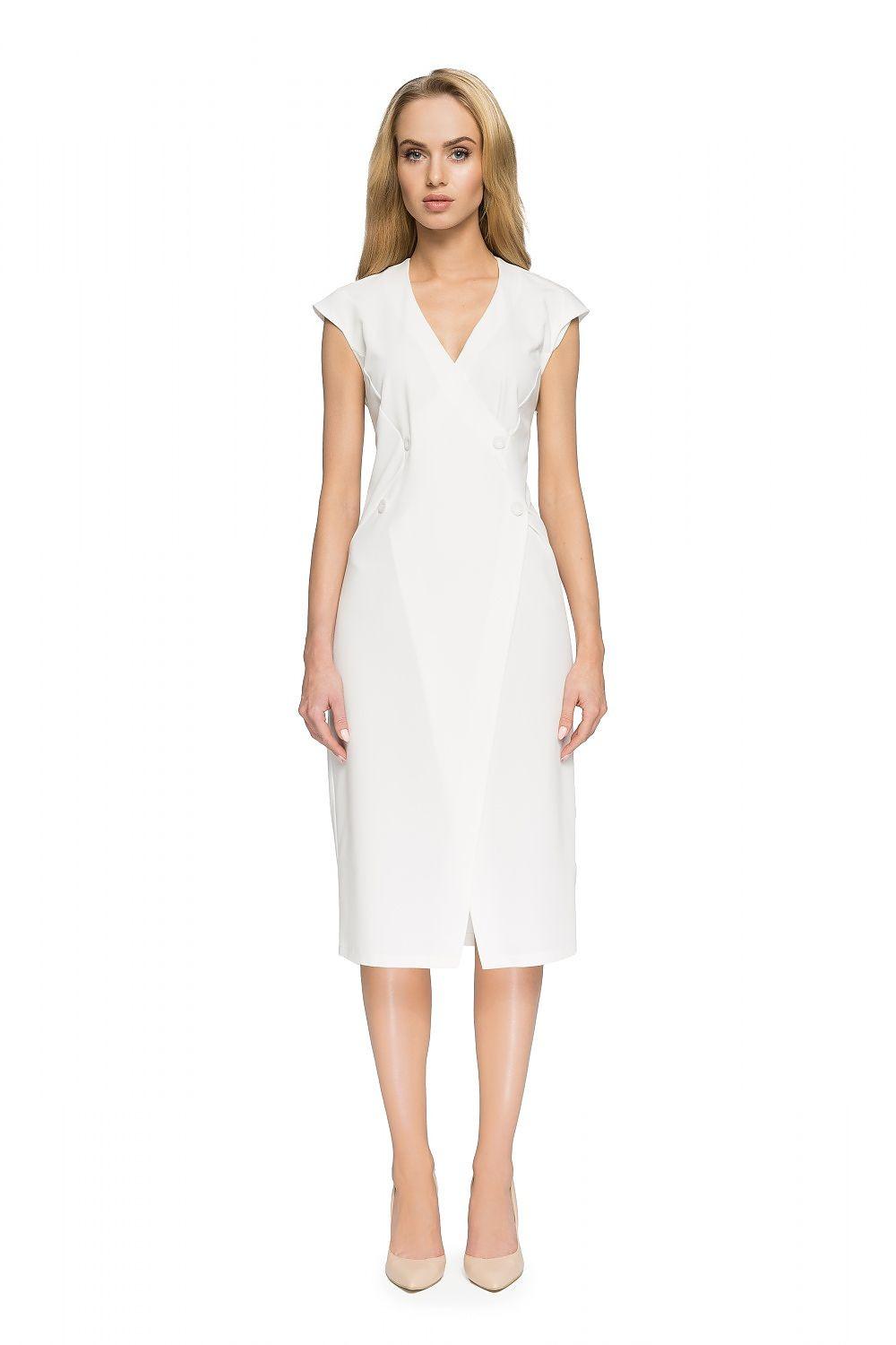 White sleeveless cocktail dress with V-neck and fitted sheath, knee-length