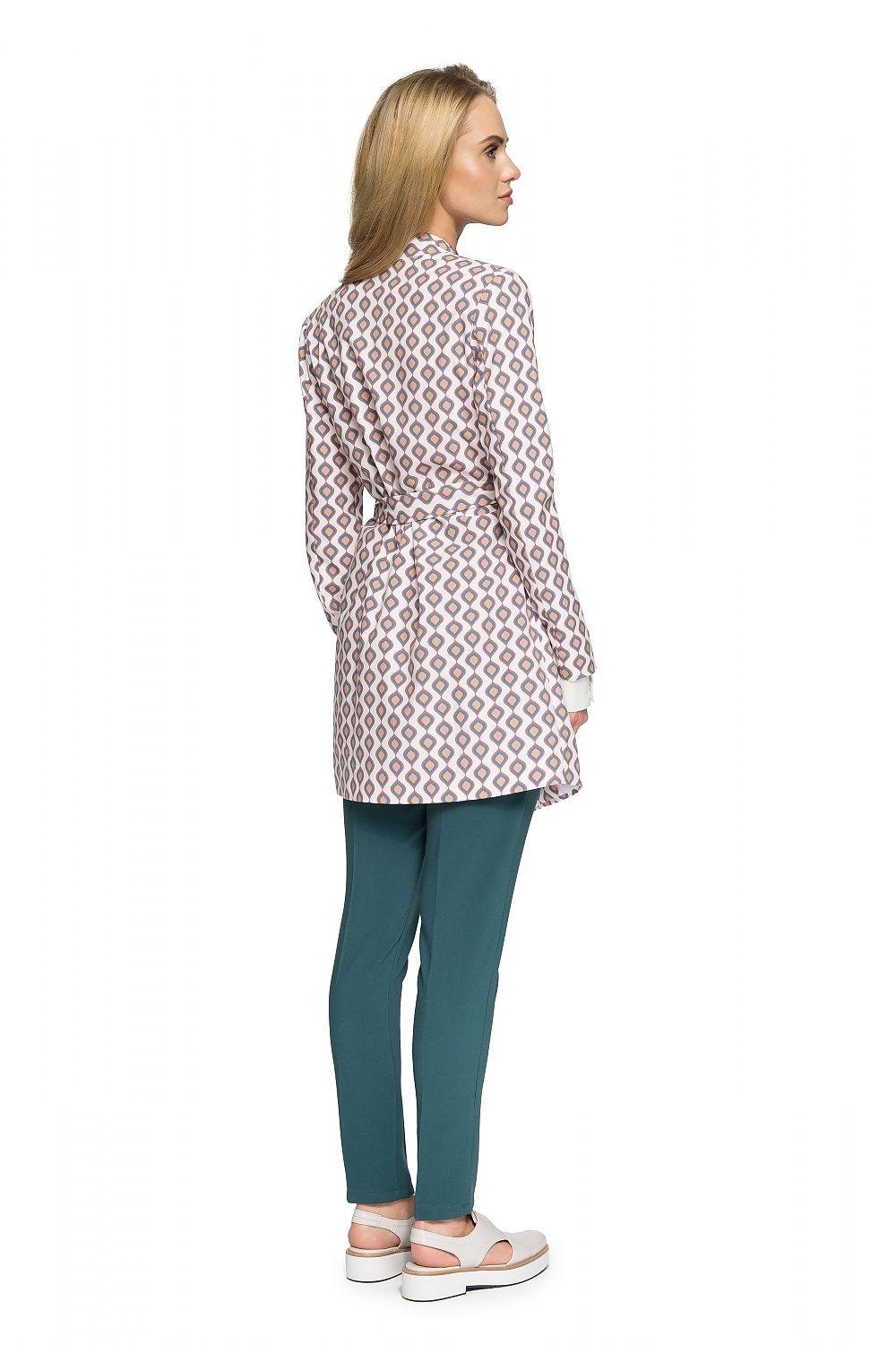 Printed belted coat with tie waist, long sleeves, geometric pattern; side view