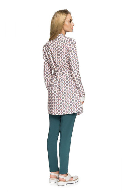 Printed belted coat with tie waist, long sleeves, geometric pattern; side view