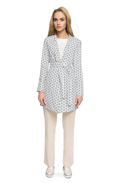 Printed belted coat with tie waist, button-front, long sleeves, geometric pink-white pattern