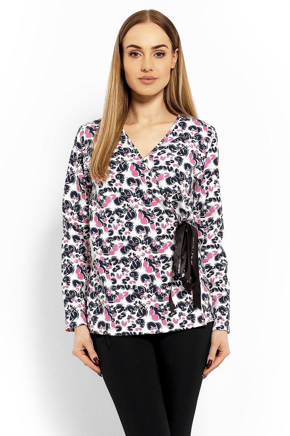 Floral print blouse with V-neck and long sleeves, tied waist detail.