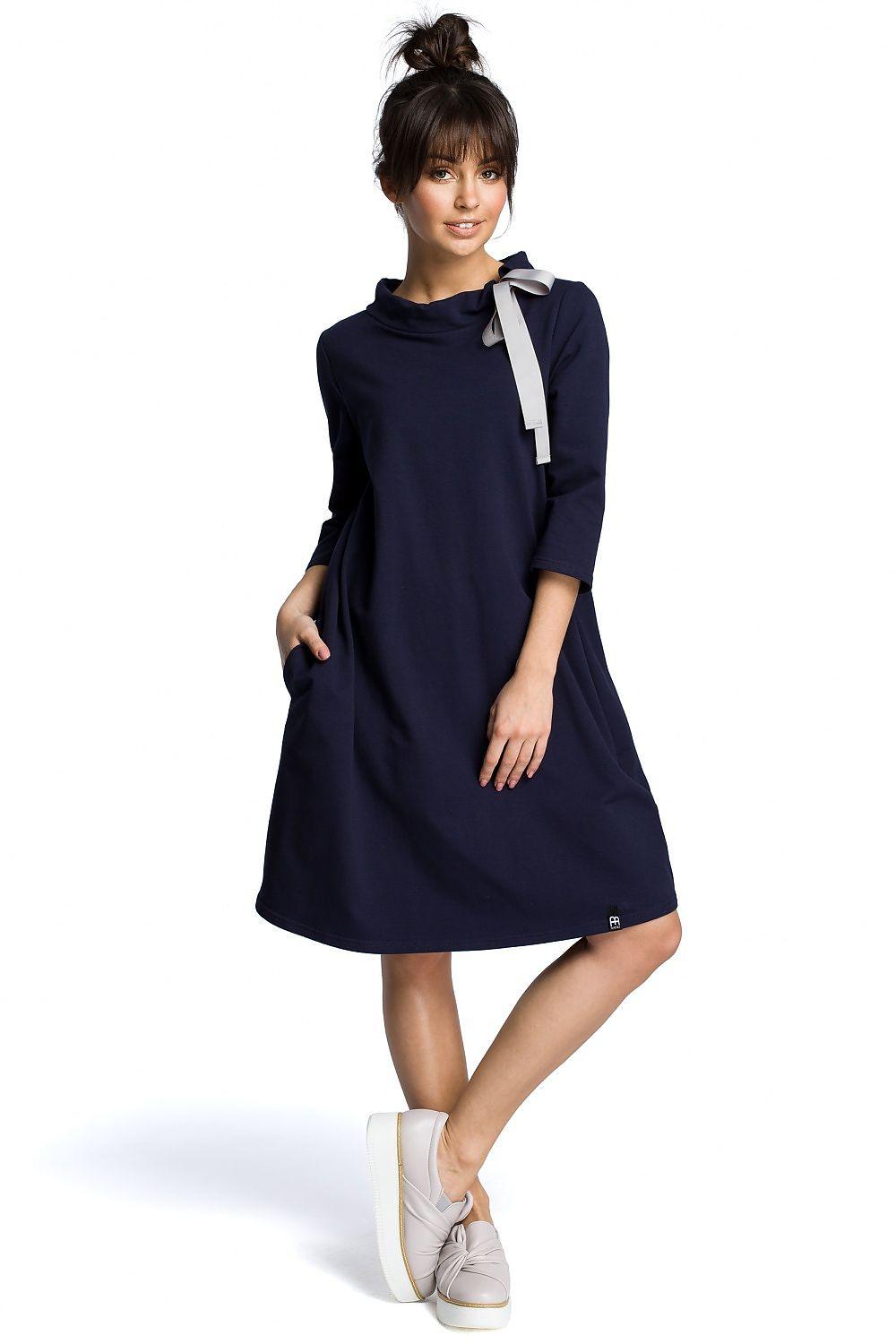 Navy blue Daydress by BeWear with 3/4 sleeves and bow at round neckline
