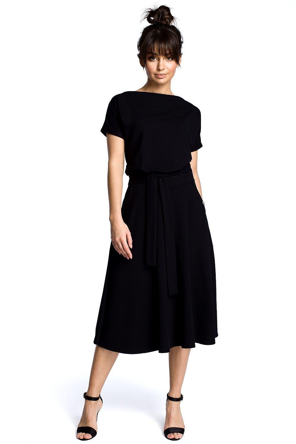 Black daydress with short sleeves, draped waist tie and midi skirt