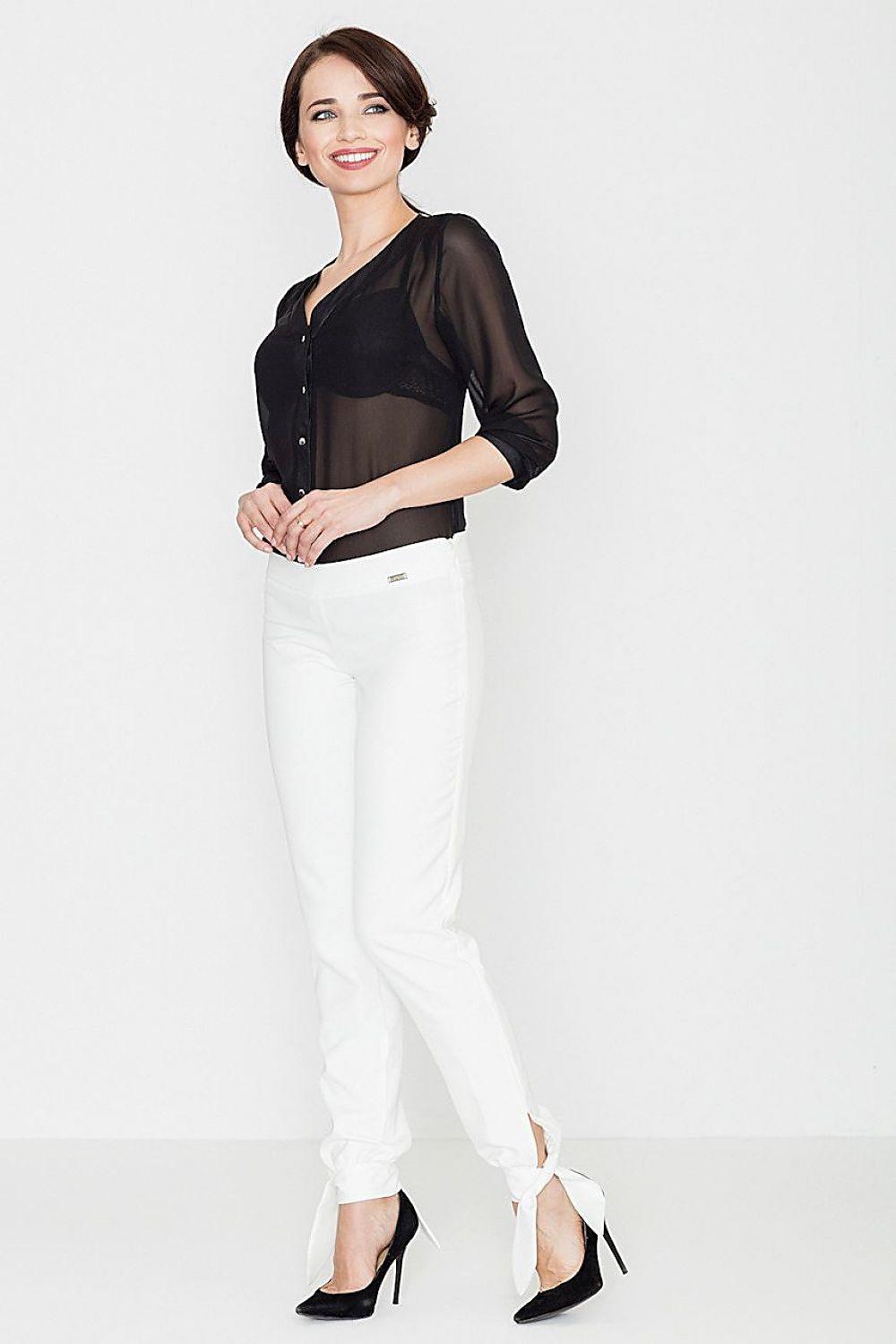 White straight-leg trousers with bow detail at hem