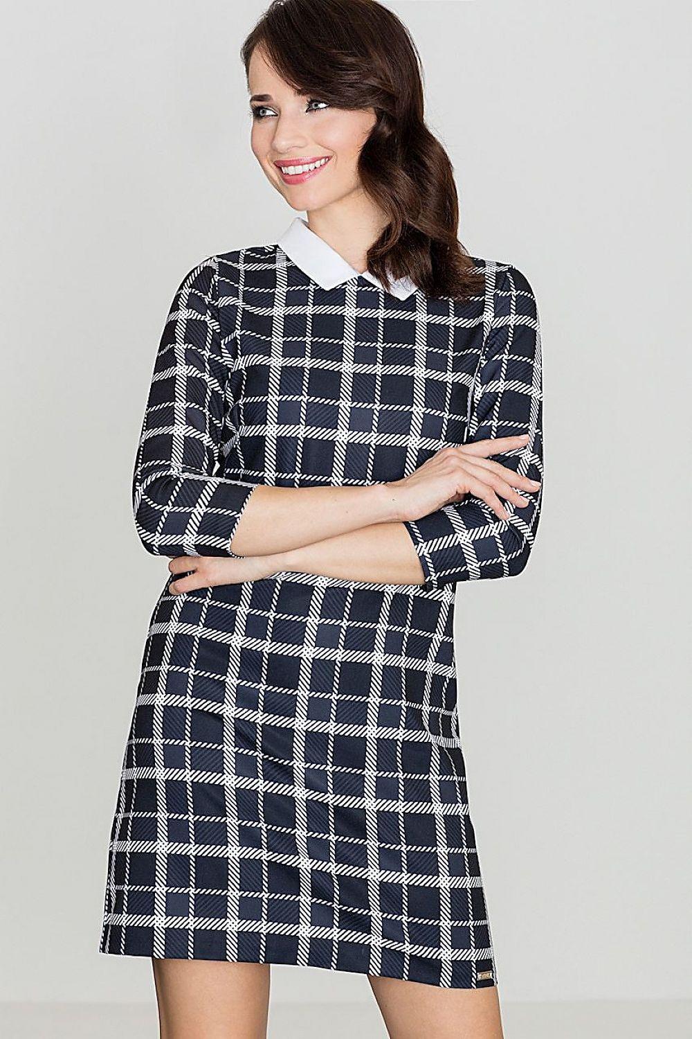Black grid-pattern daydress with white square checks, 3/4 sleeves and white collar