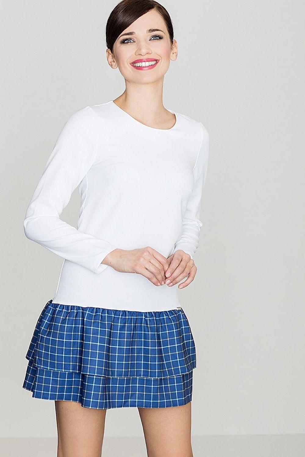 Lenitif daydress: white long-sleeve crewneck top with blue plaid skirt, front view