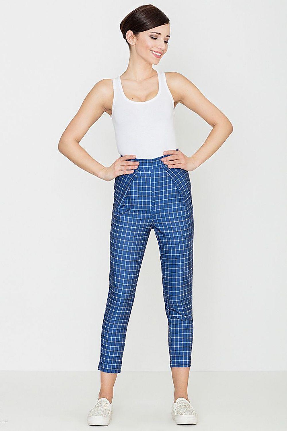 Blue check high-waist trousers, ankle length, straight leg, button closure