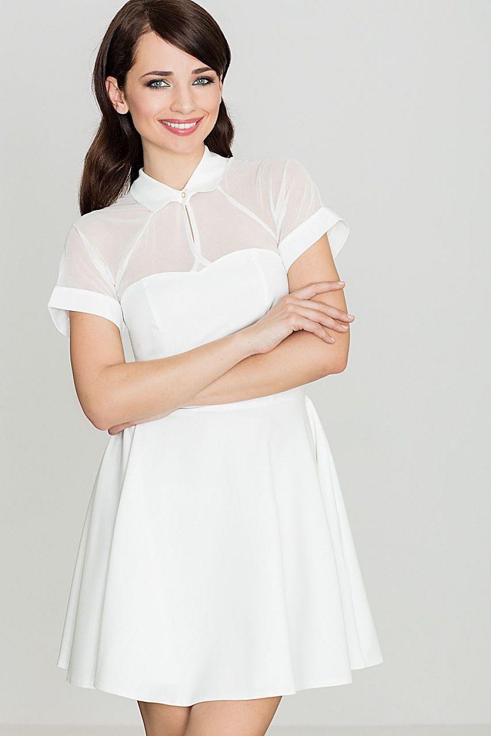Lenitif beige short dress with sheer mesh sleeves and collar, fitted waist, flared skirt