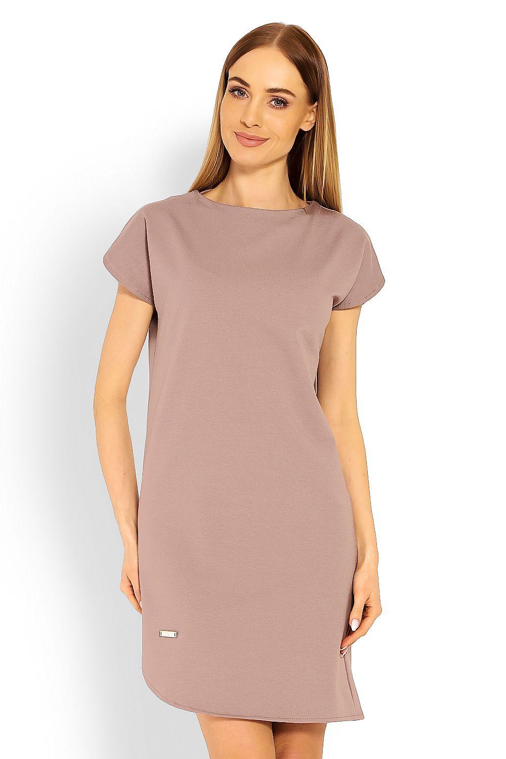 PeeKaBoo daydress with short sleeves and round neckline, dusty mauve, straight shift hem