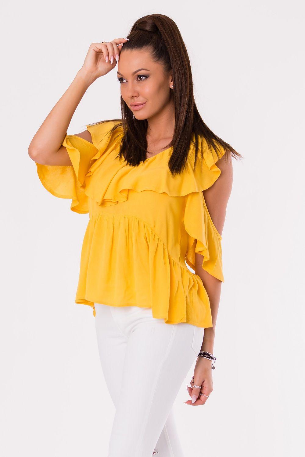 Yellow off-shoulder frill blouse with flutter sleeves