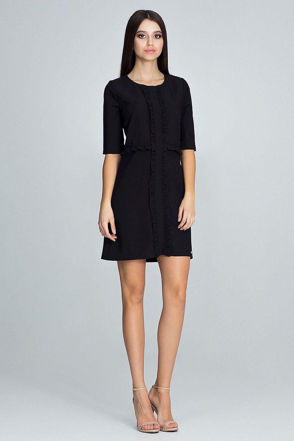 Black cocktail dress with 3/4 sleeves, round neckline, and vertical ruffle trim
