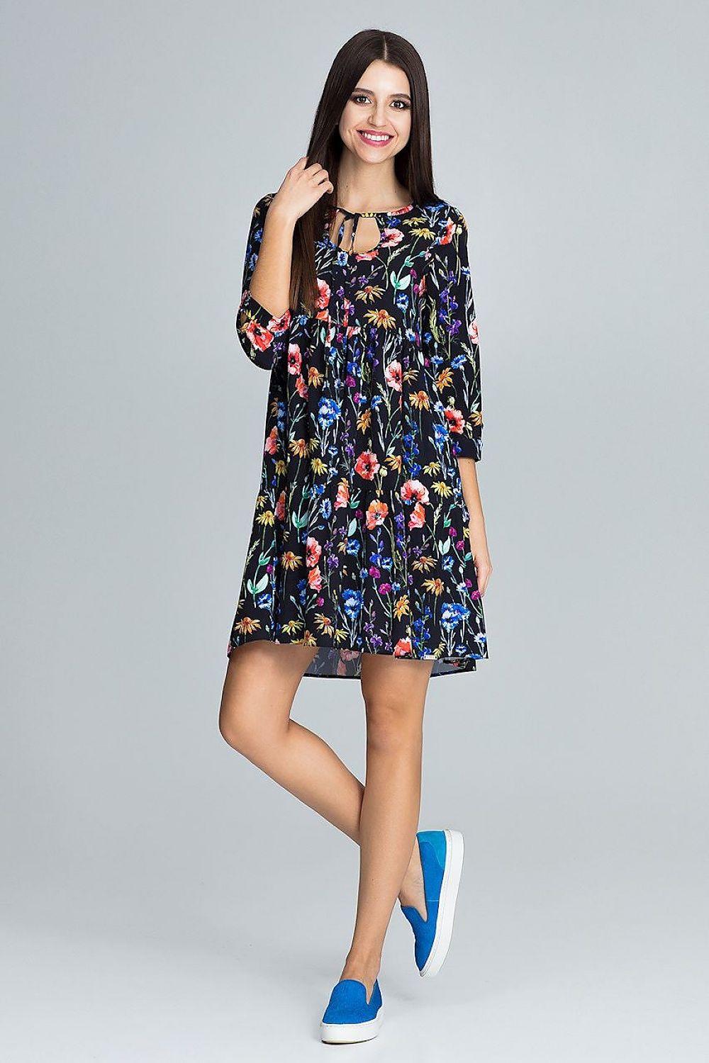 Figl daydress in black with colorful floral print, 3/4 sleeves, above-knee length