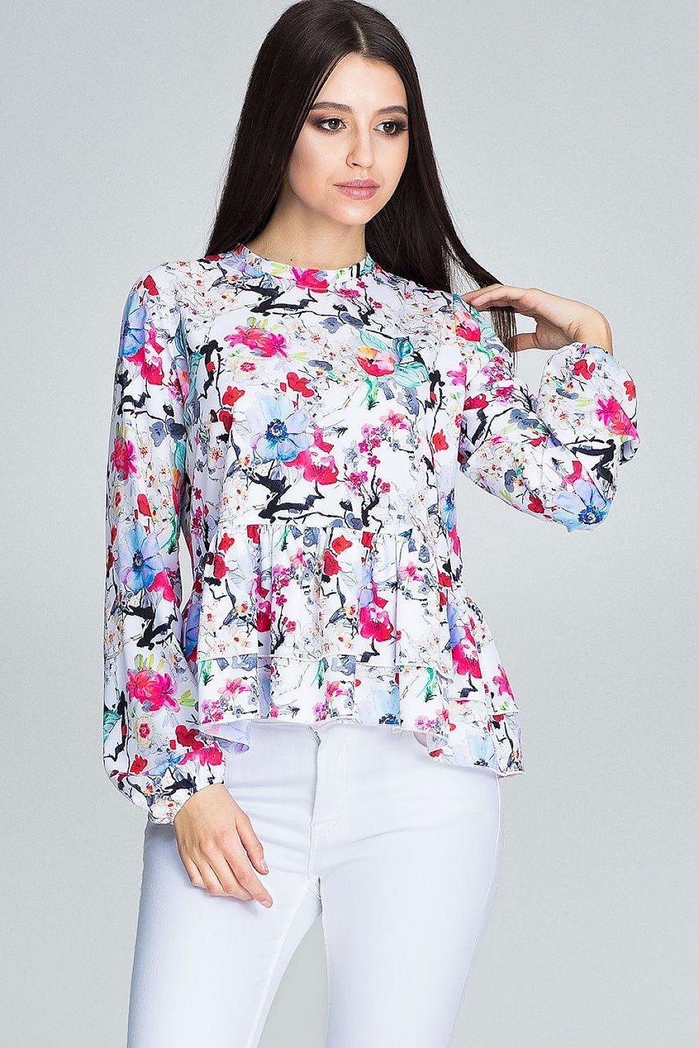 Floral long-sleeve blouse with frilled waist, multicolor flowers on light background