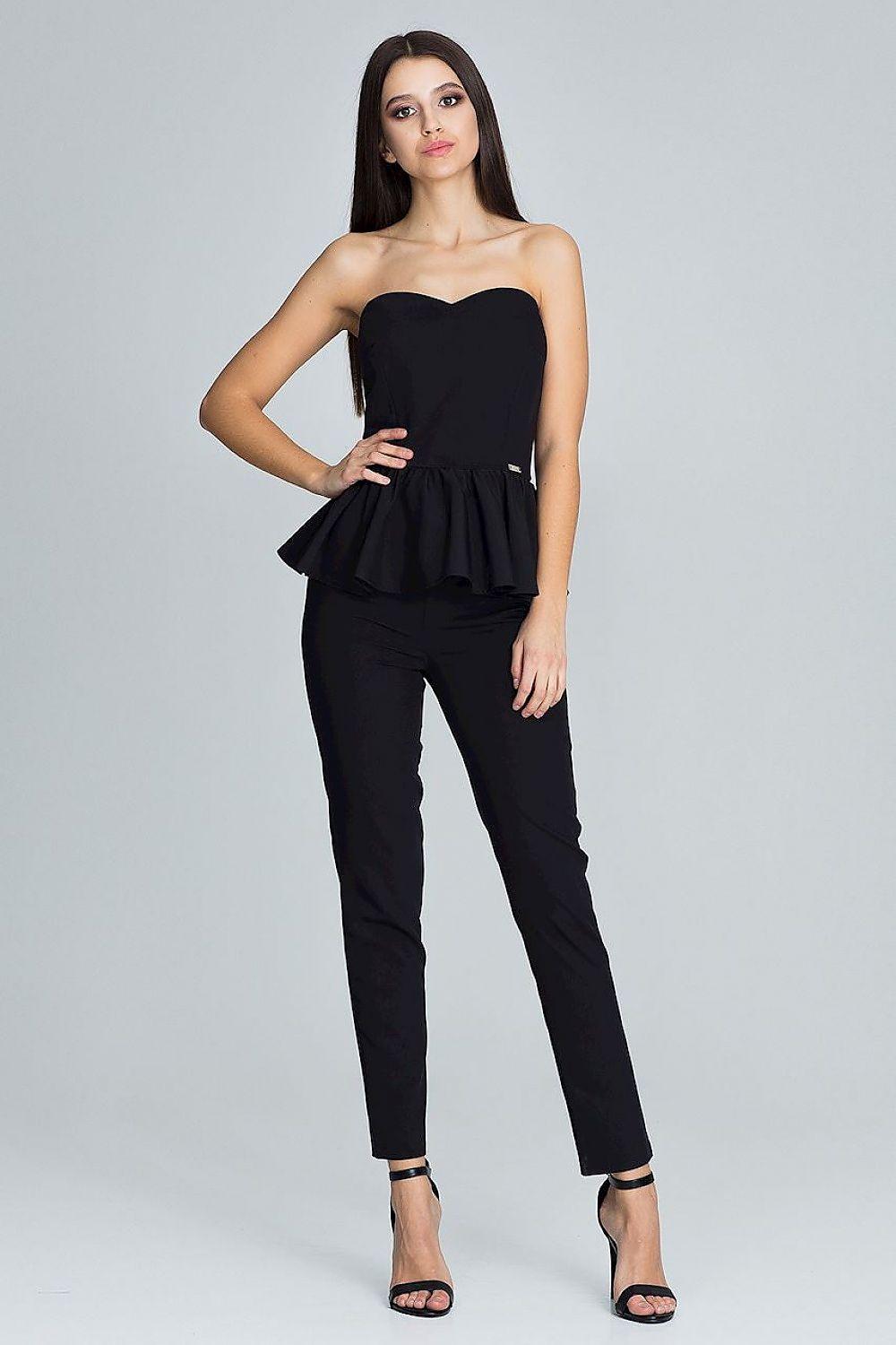 Black corset top and straight trousers set with strapless ruffled peplum