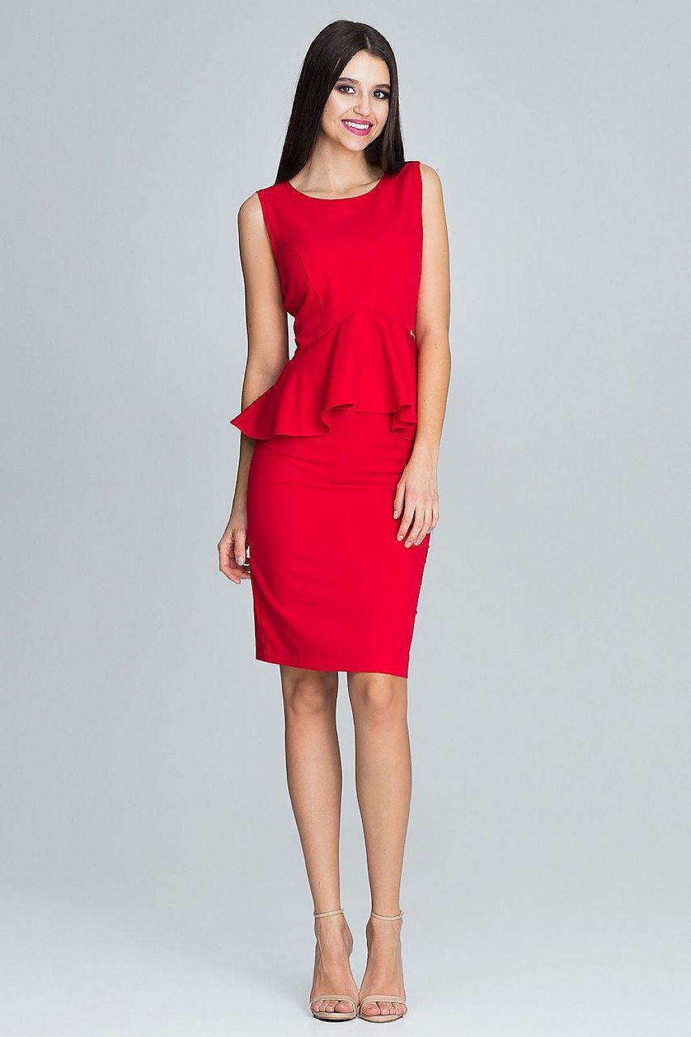 Red skirt and blouse set with sleeveless peplum frill top and fitted knee-length skirt