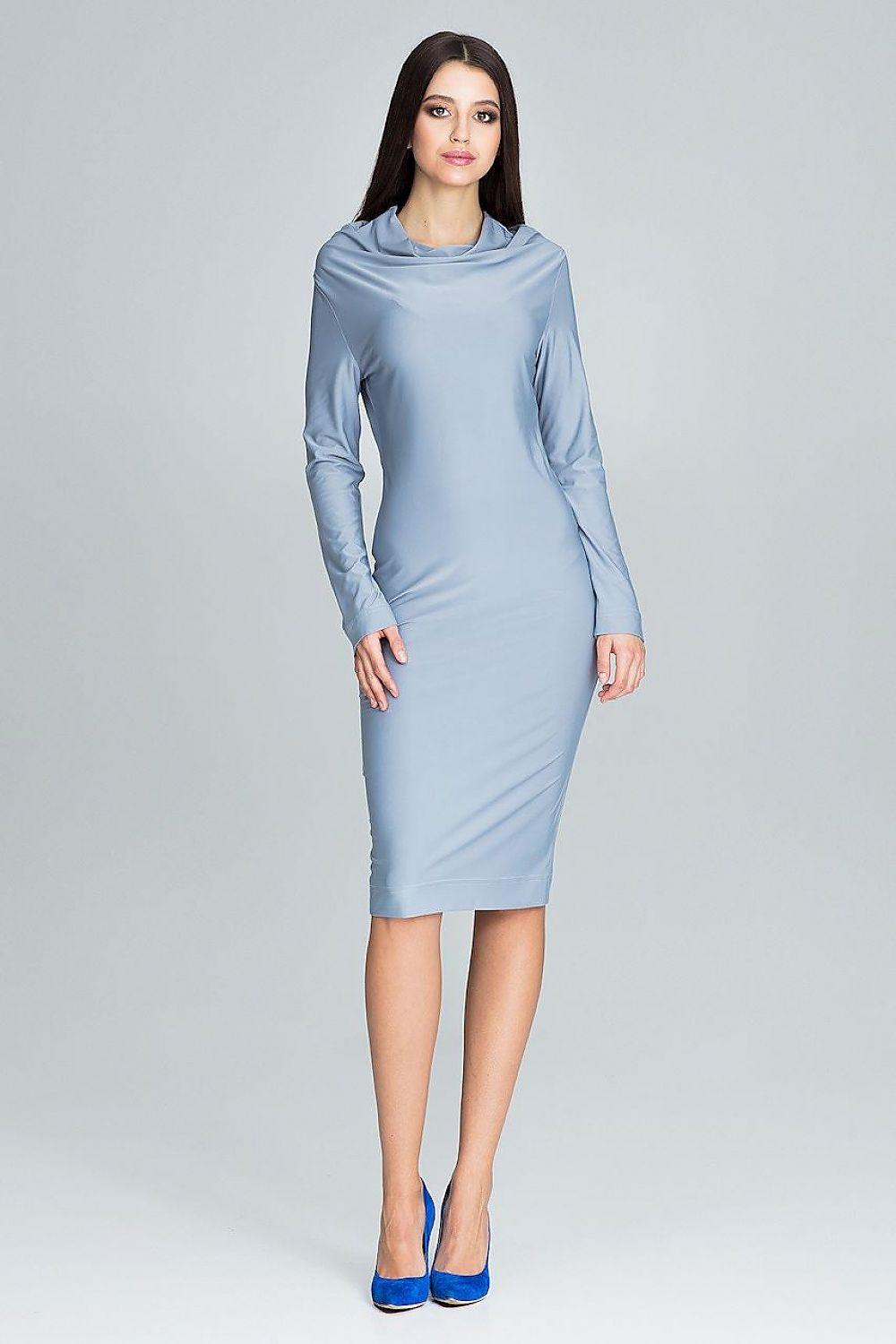Blue daydress with long sleeves and cowl neckline, knee-length, fitted silhouette.