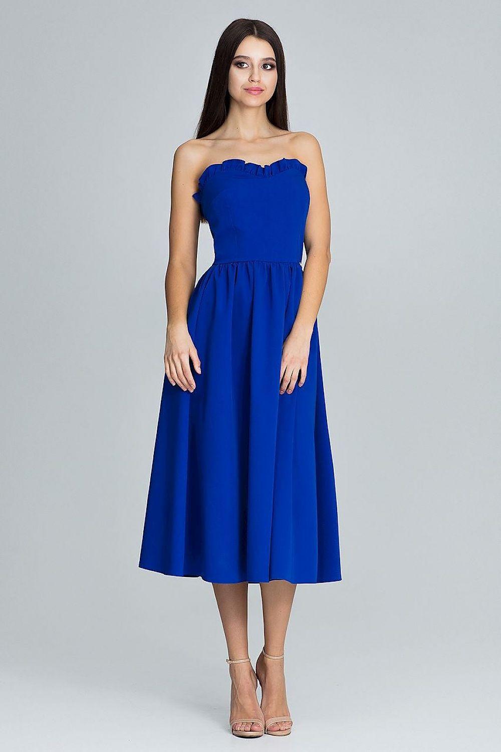 Blue strapless midi evening dress with scalloped sweetheart neckline and gathered skirt.