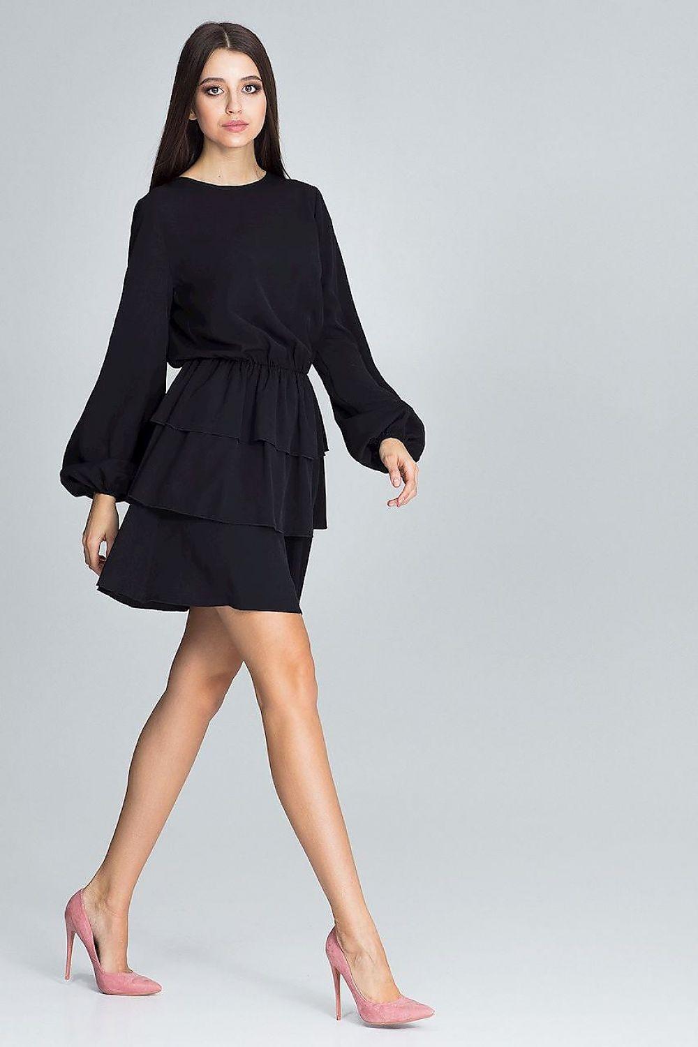 Figl daydress in black with long sleeves and tiered ruffle layers, gathered waist